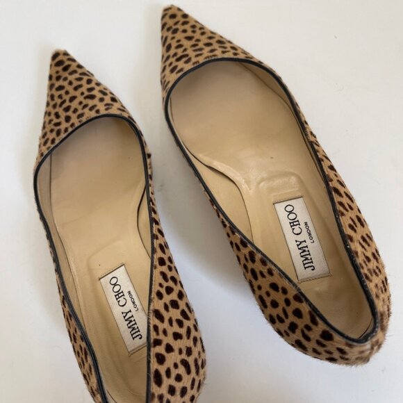 JIMMY CHOO Black & Tan Leather & Pony Hair Animal Print Kitten Heels: Size 39.5 - Picture 3 of 8